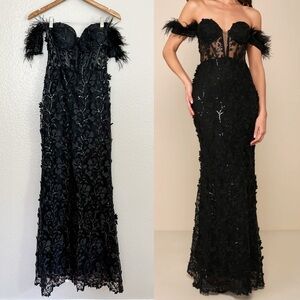 Midnight Sparkle Black Embroidered Feather Bustier Maxi Dress